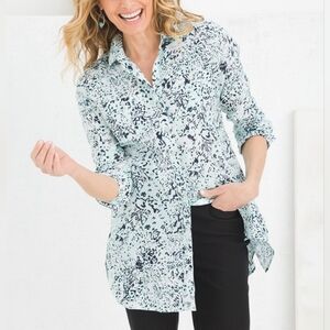 Chico’s 100% Linen Sz 14 No Iron Button Down Blouse Top Tunic Shirt Blue White